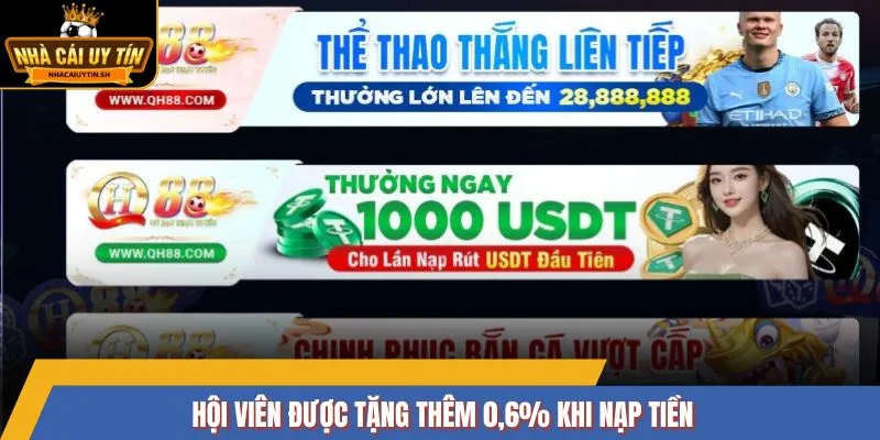 Hội viên được tặng thêm 0,6% khi nạp tiền